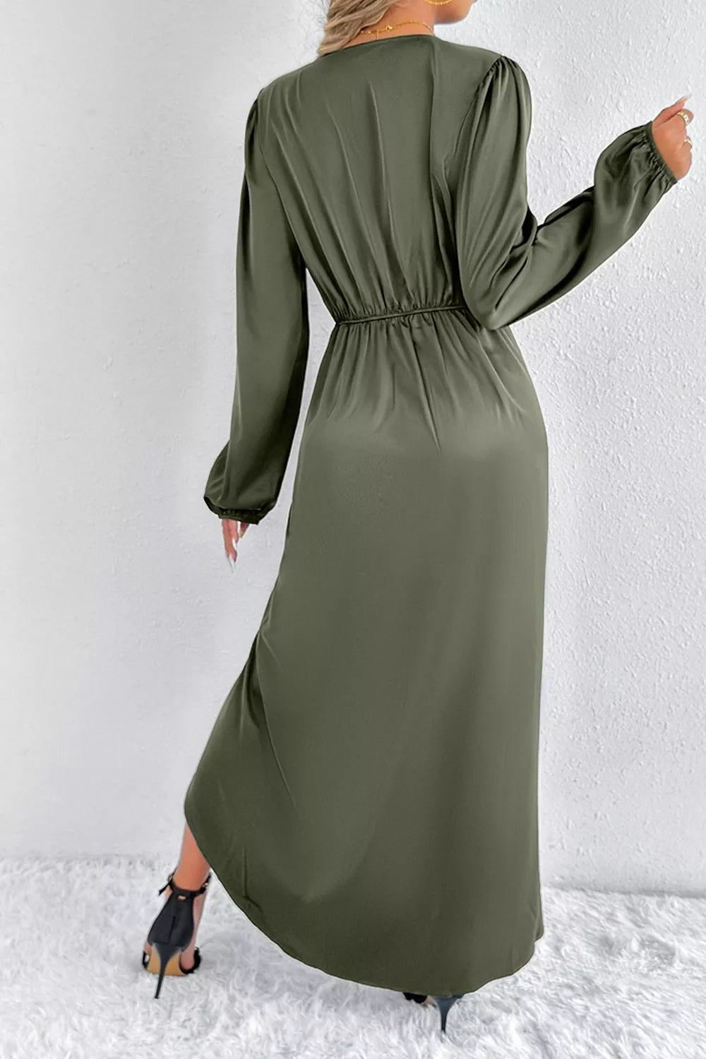 Satin Balloon Sleeve Midi Dress with Side Split