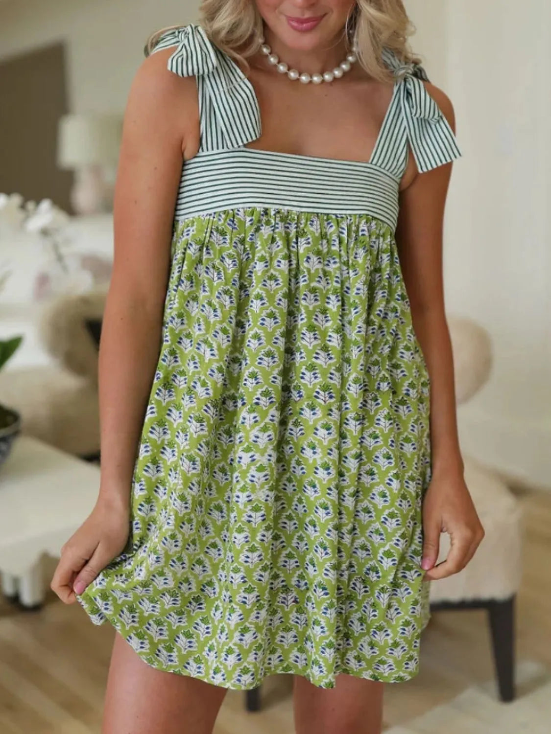 Printed Square Neck Tie-Shoulder Mini Dress by Mystique Q