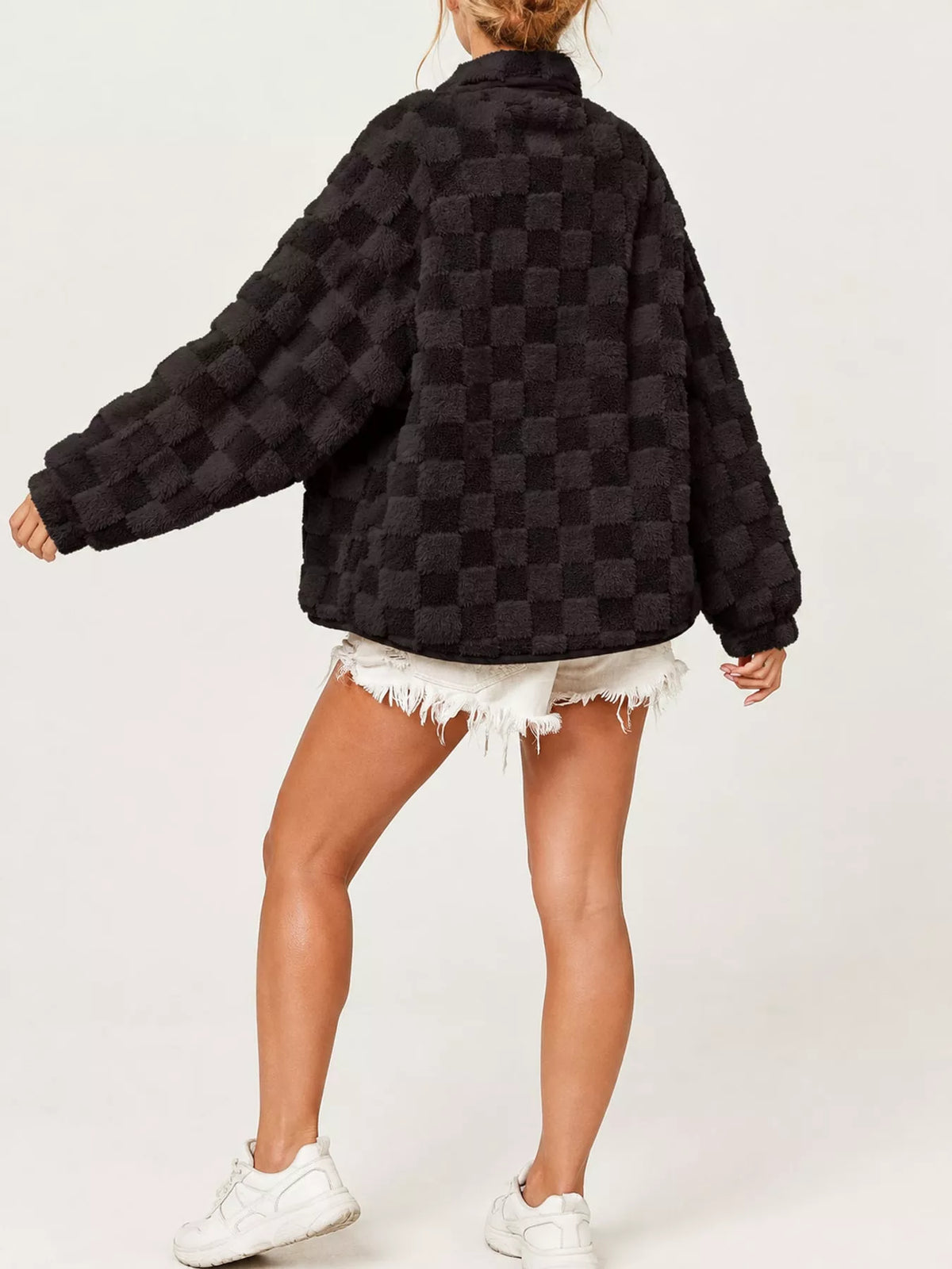 Oversized Checkerboard Faux Fur Teddy Jacket
