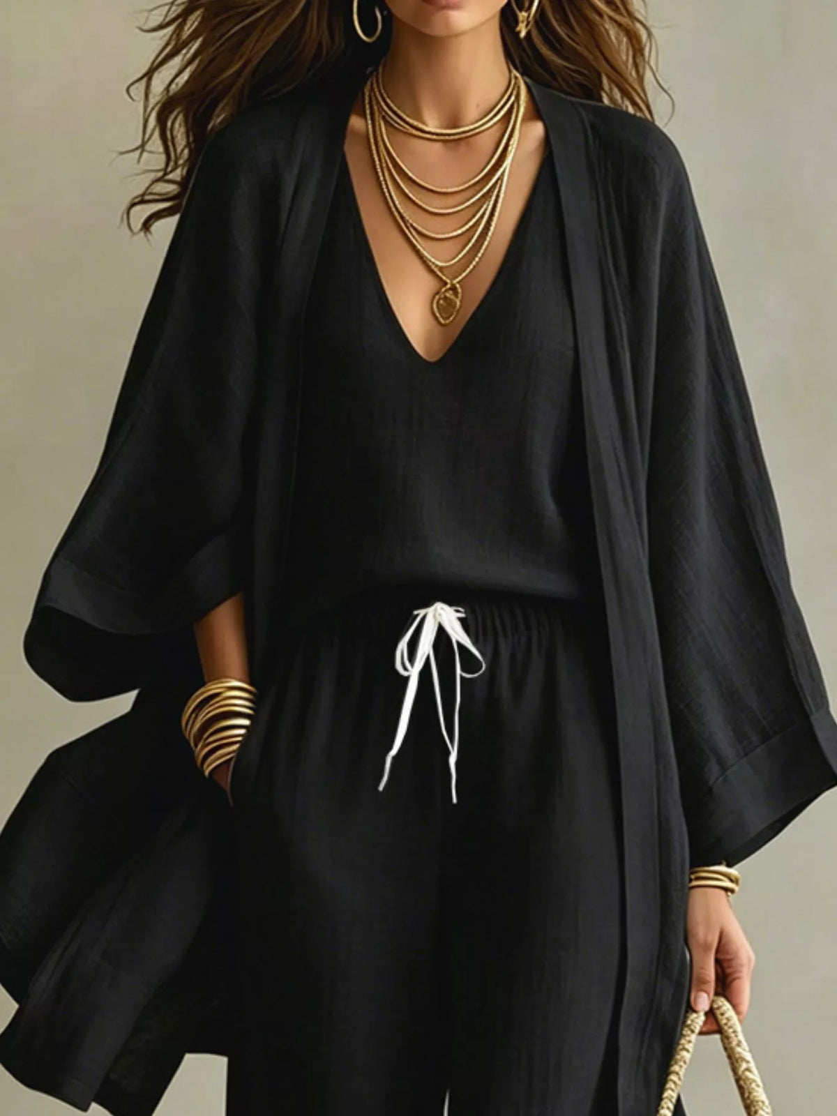 V-Neck Top, Cardigan and Pants Set