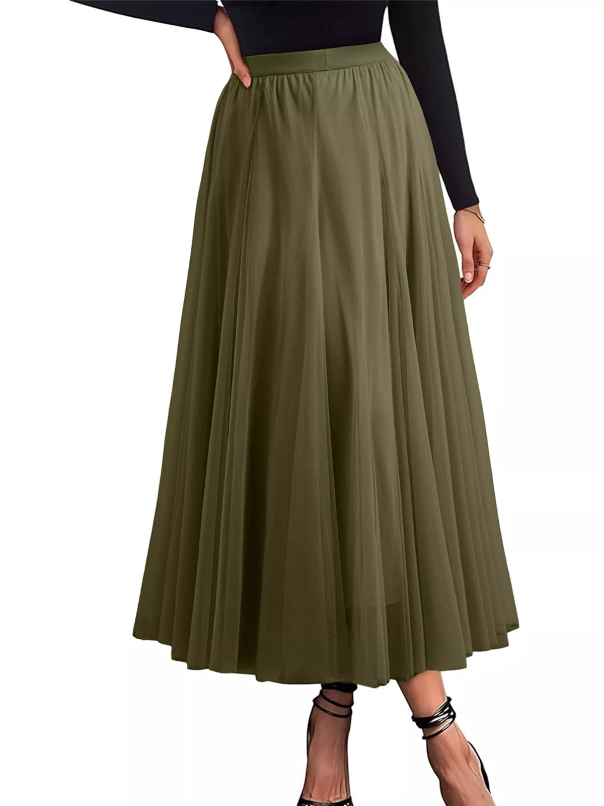 Tulle A-Line Midi Skirt in Army Green