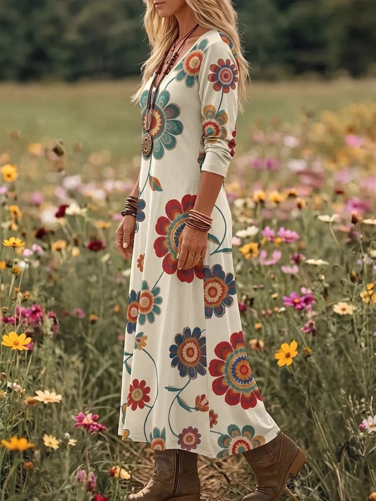 Floral Print Long Sleeve Maxi Dress