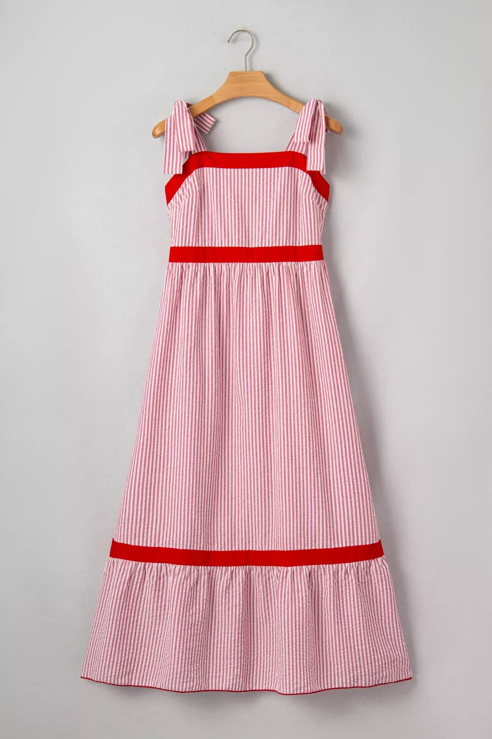 Striped Bow-Strap Ruffle Hem Maxi Dress in Dusty Pink