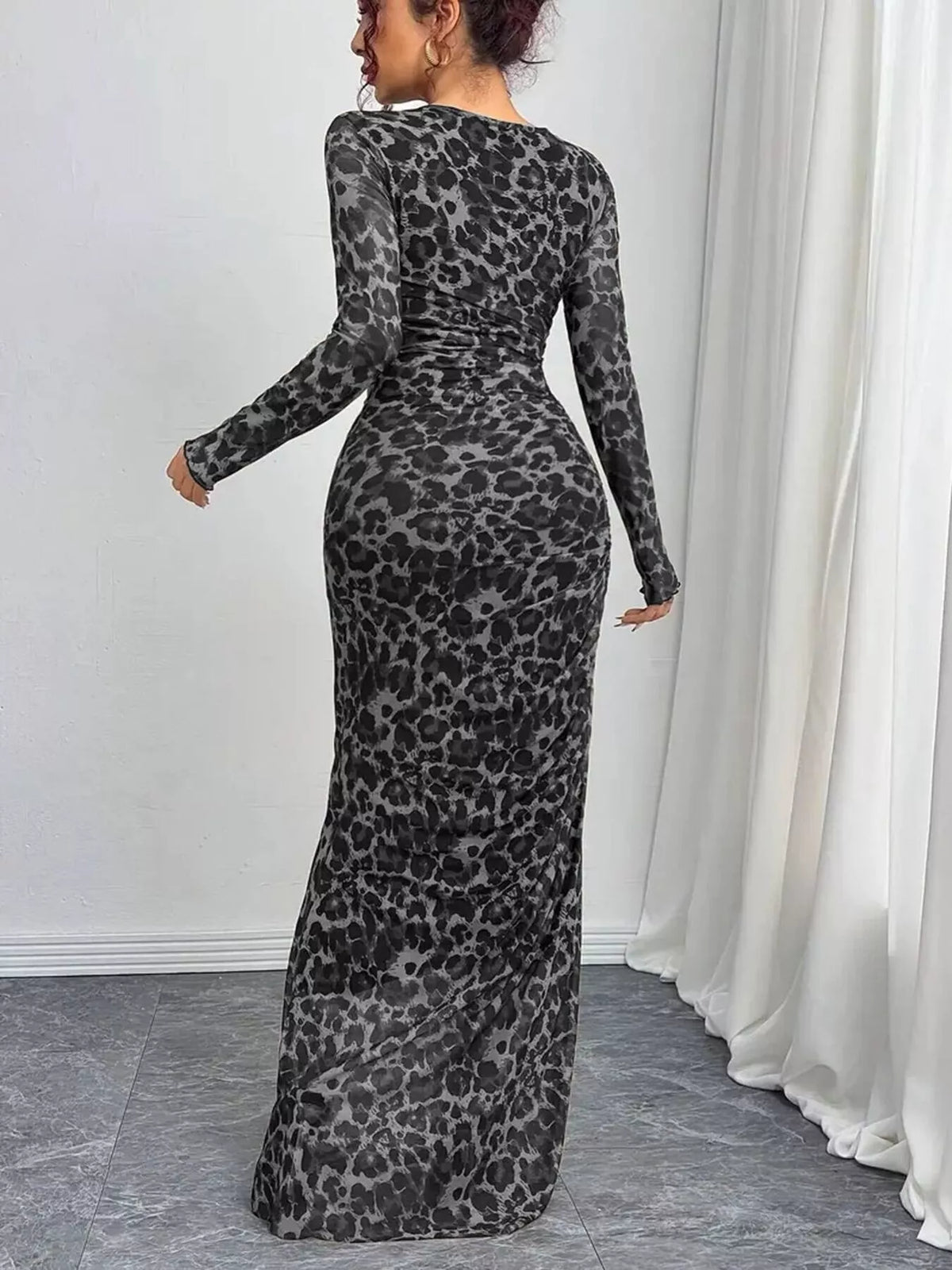 Leopard Print Ruched Bodycon Maxi Dress