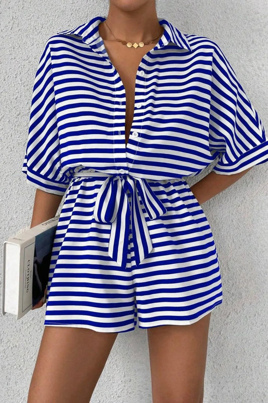 Striped Collared Tie Waist Romper