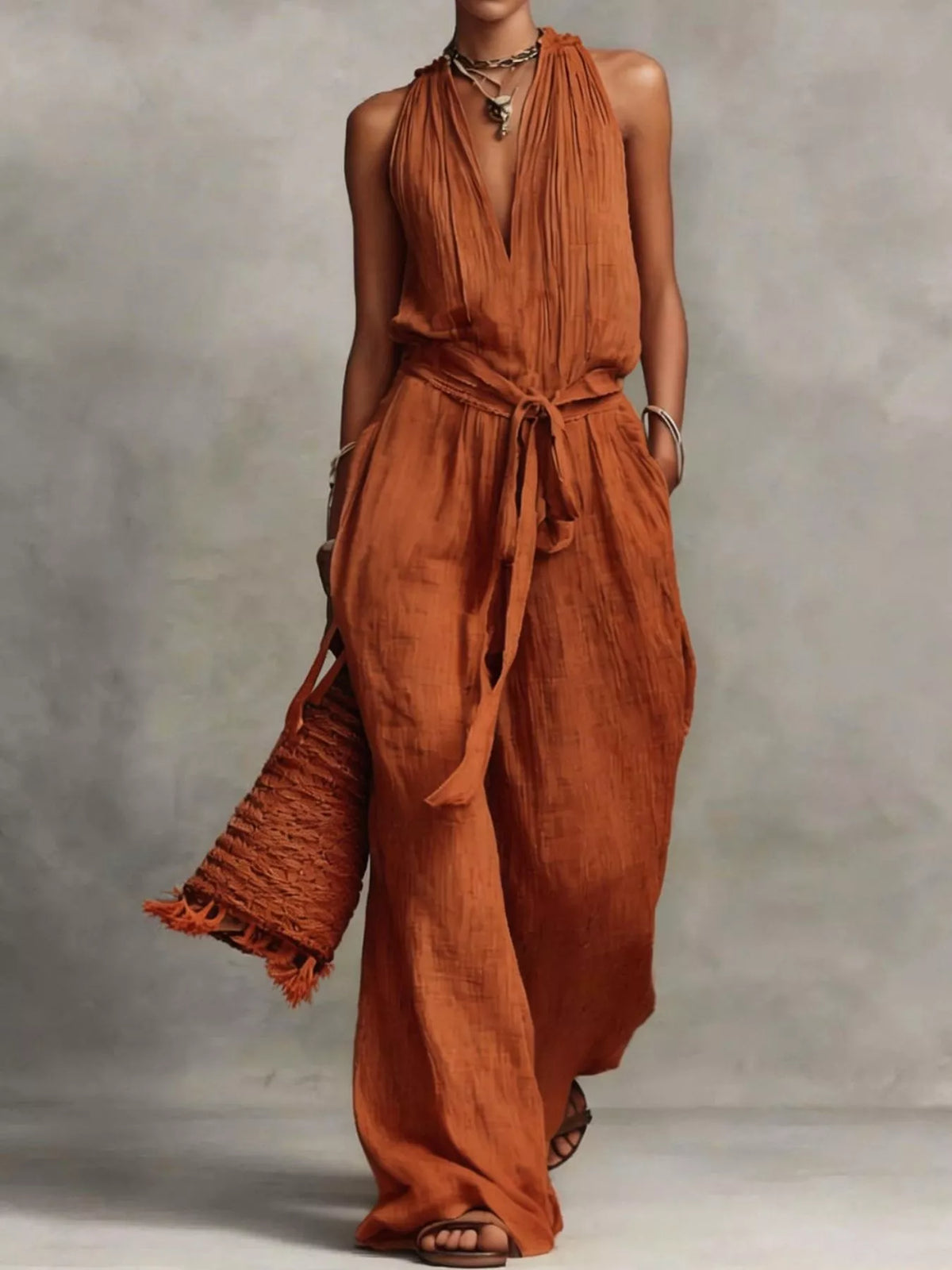 Sleeveless Tie-Waist Wide-Leg Jumpsuit