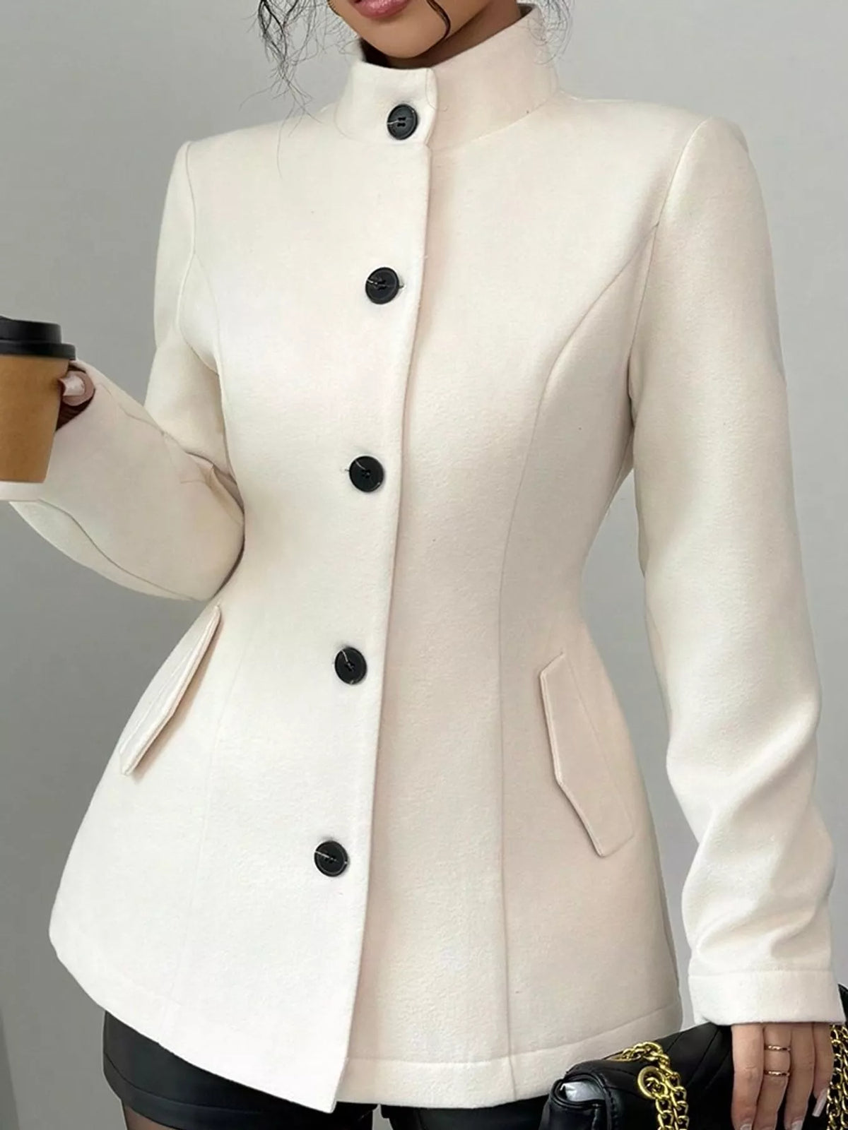 Stand-Collar Single-Breasted Jacket in Creamy White