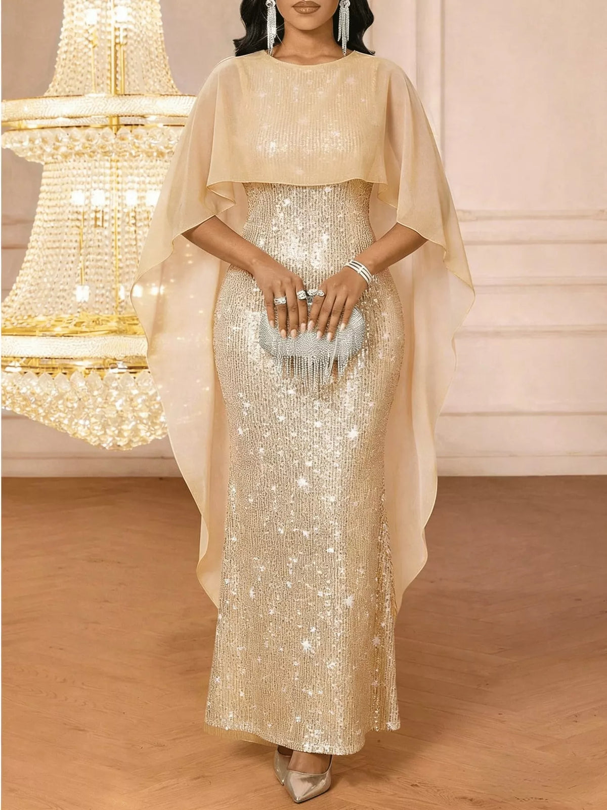 Sequin Cape-Overlay Evening Dress