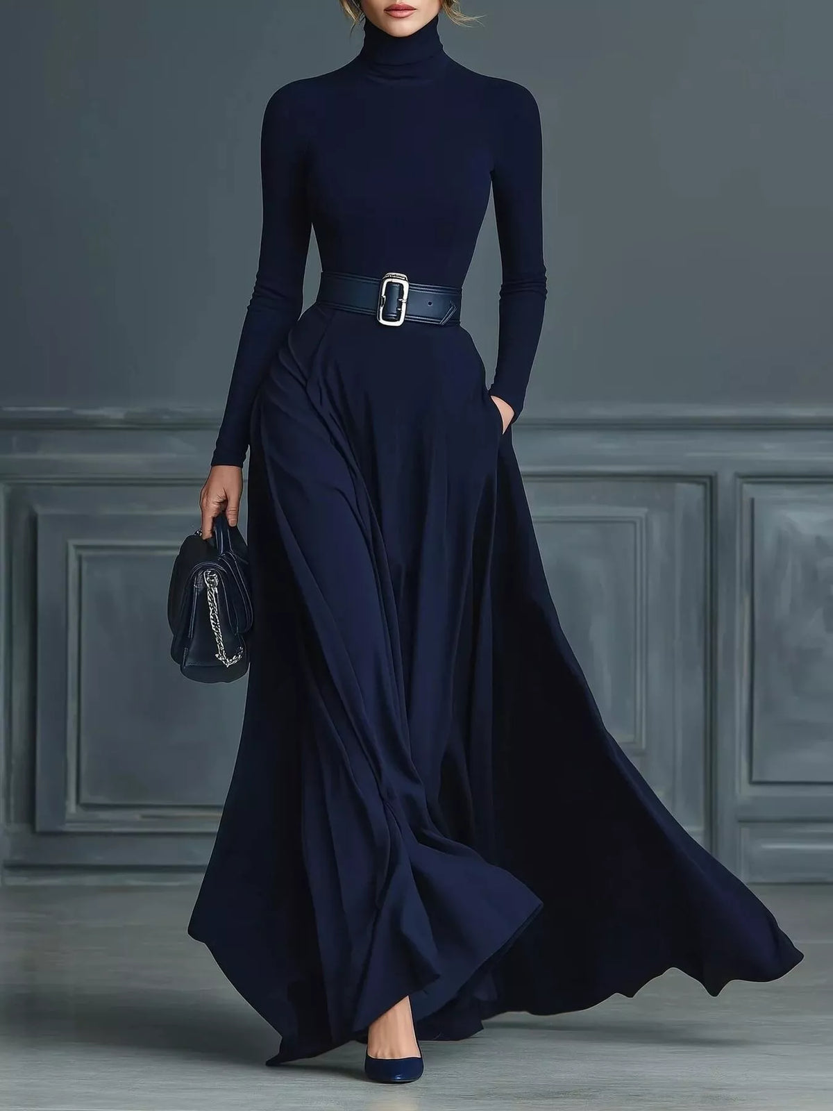 Turtleneck Long Sleeve Maxi Dress in Navy