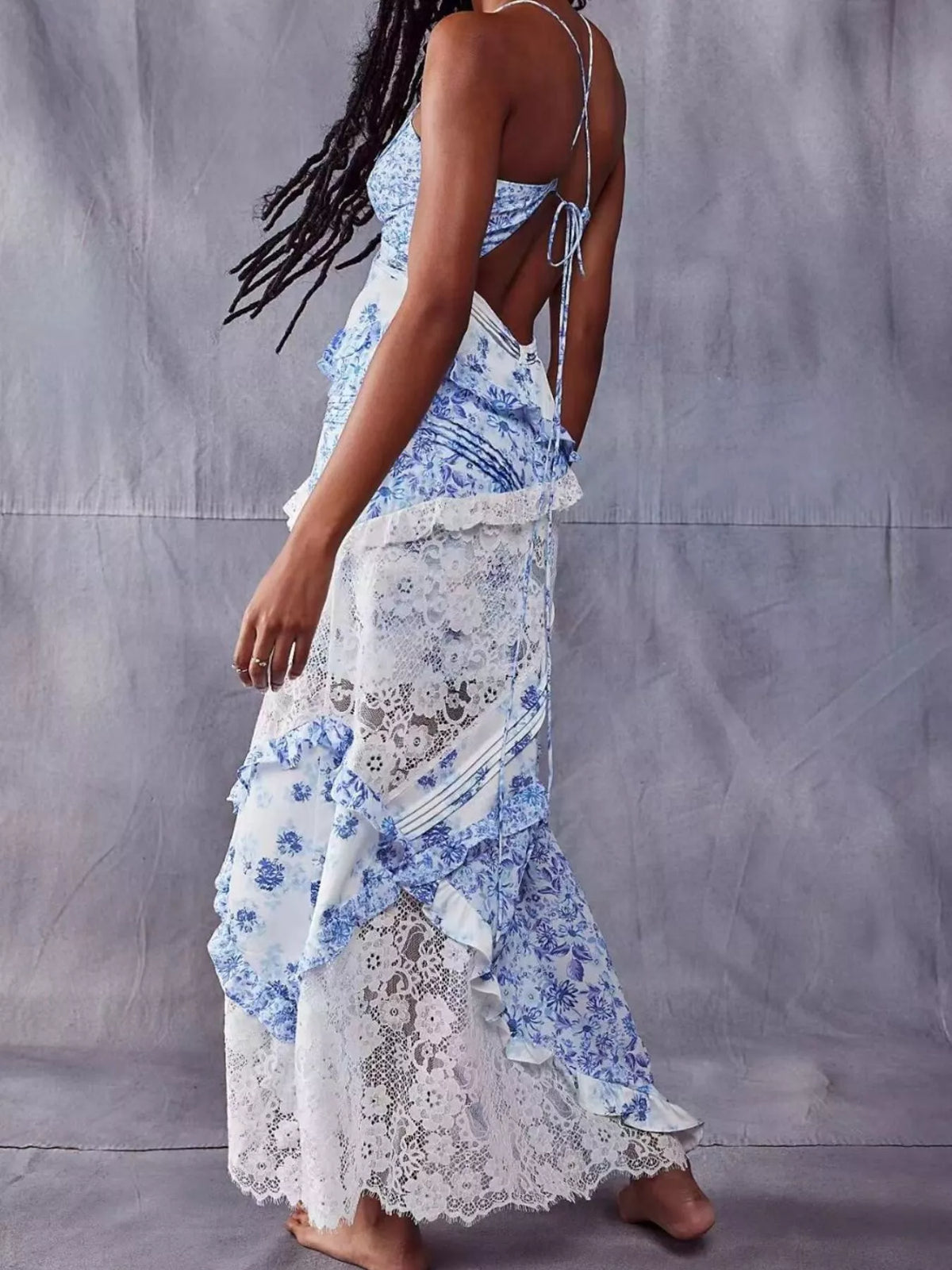 Lace Detail Ruffled V-Neck Maxi Dress