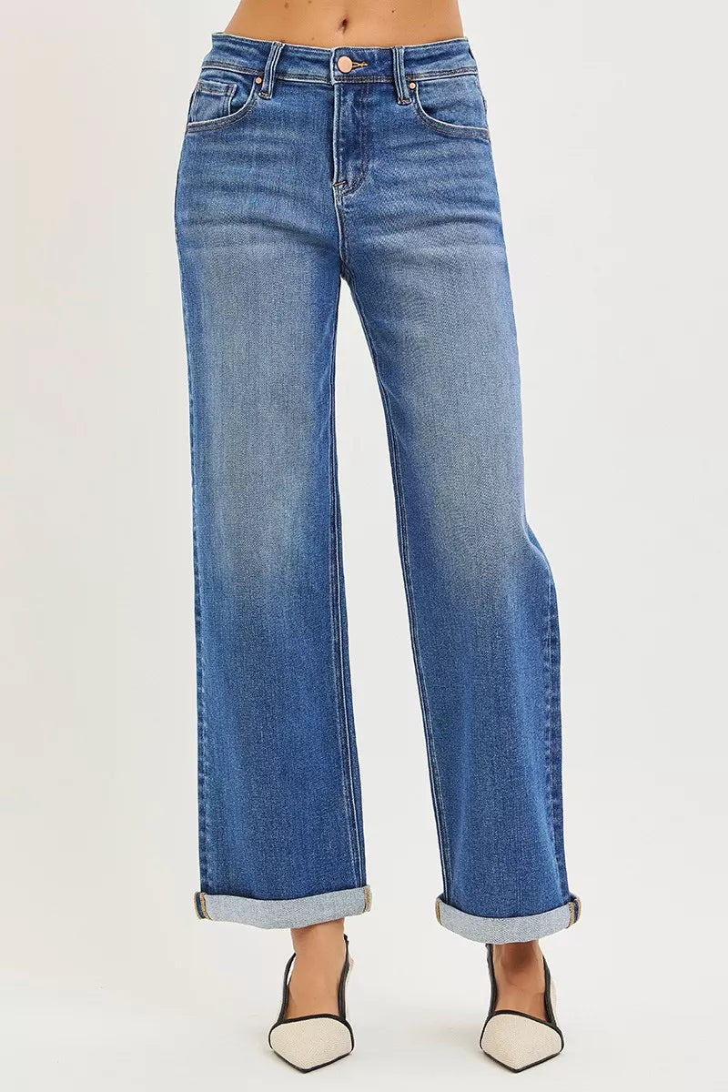 Risen Relaxed Fit Ankle Straight Jeans in Medium Wash