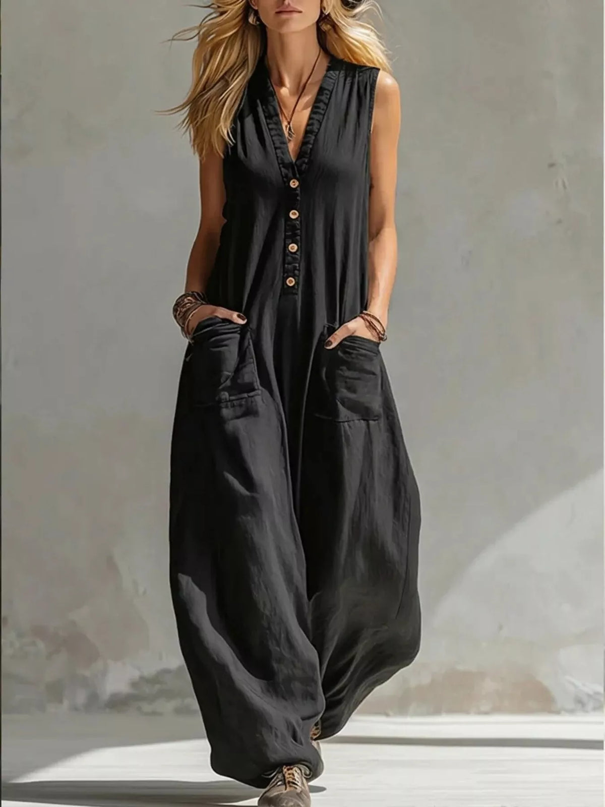 V-Neck Sleeveless Wide Leg Jumpsuit, Plus Size