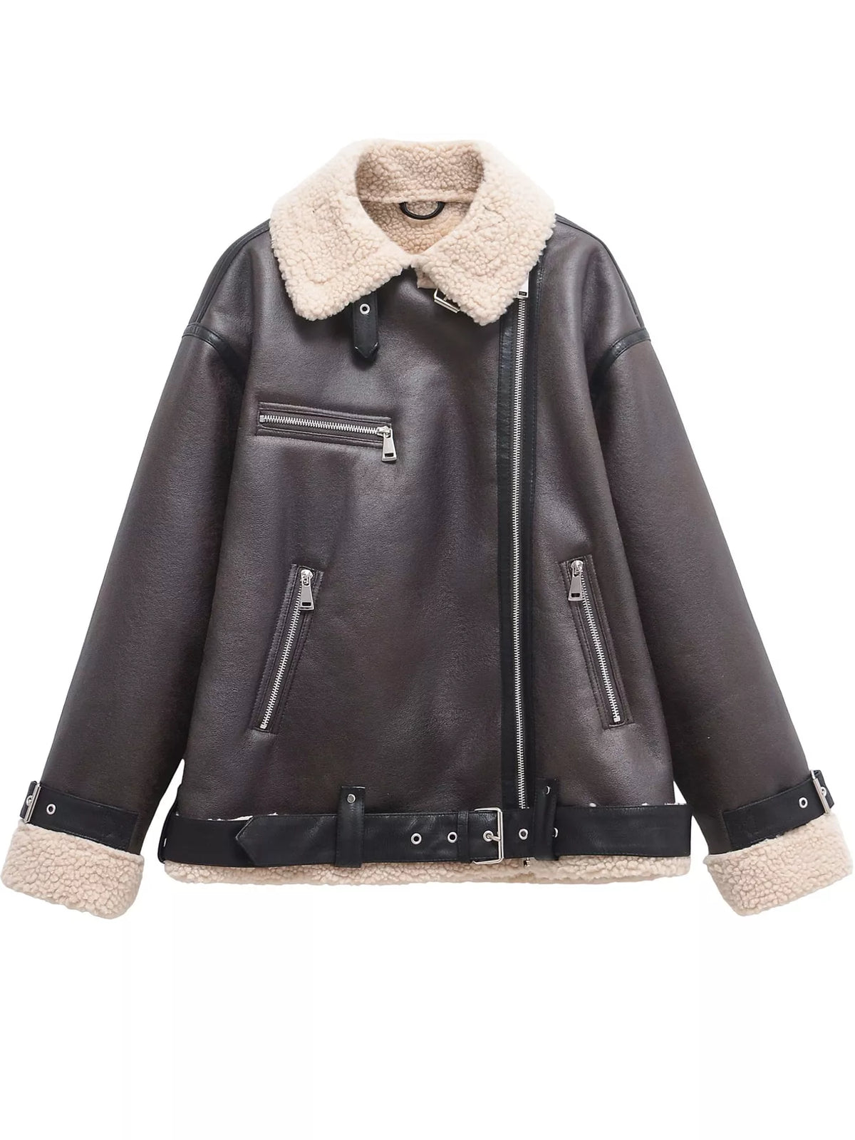 Faux Leather Zip-Up Jacket in Dark Brown