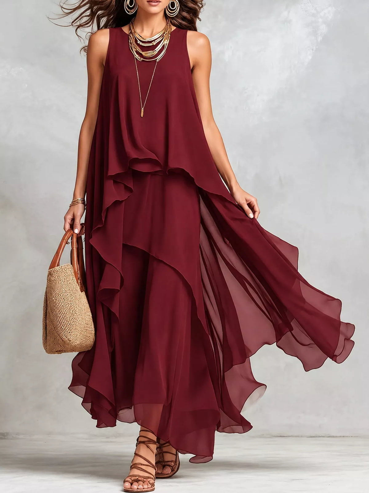 Ruffled Round-Neck Sleeveless Maxi Dress