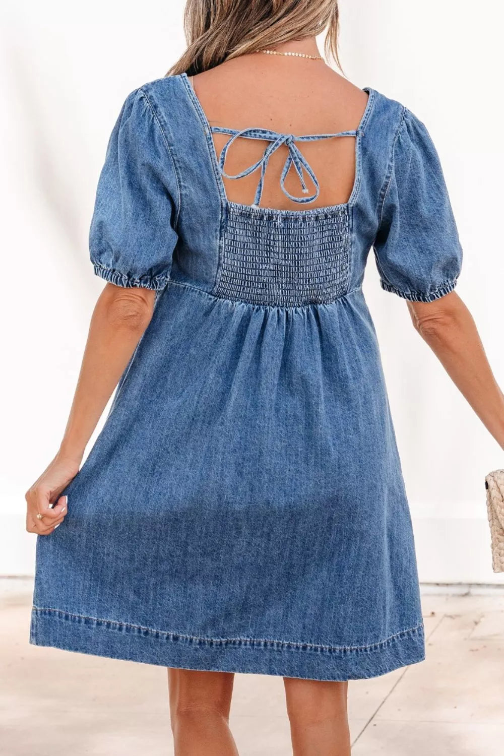 Button-Front Puff Sleeve Denim Dress in Medium Wash