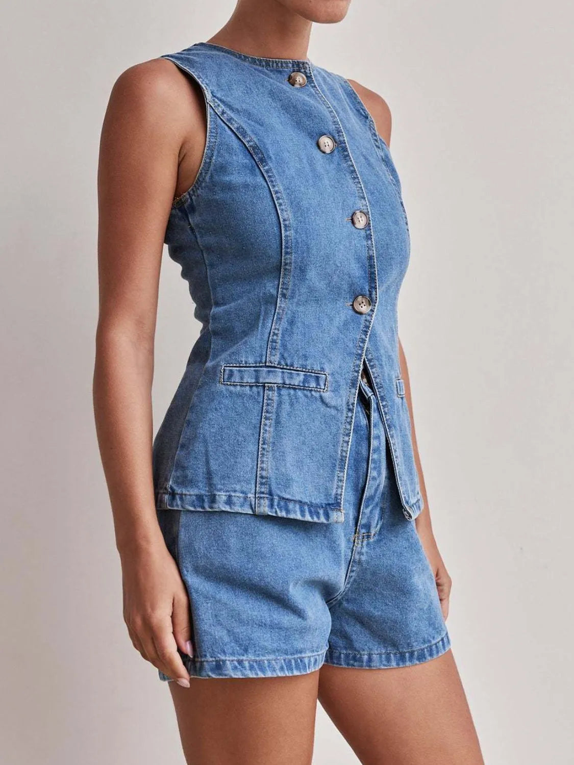 Button-Down Vest and Shorts Denim Set