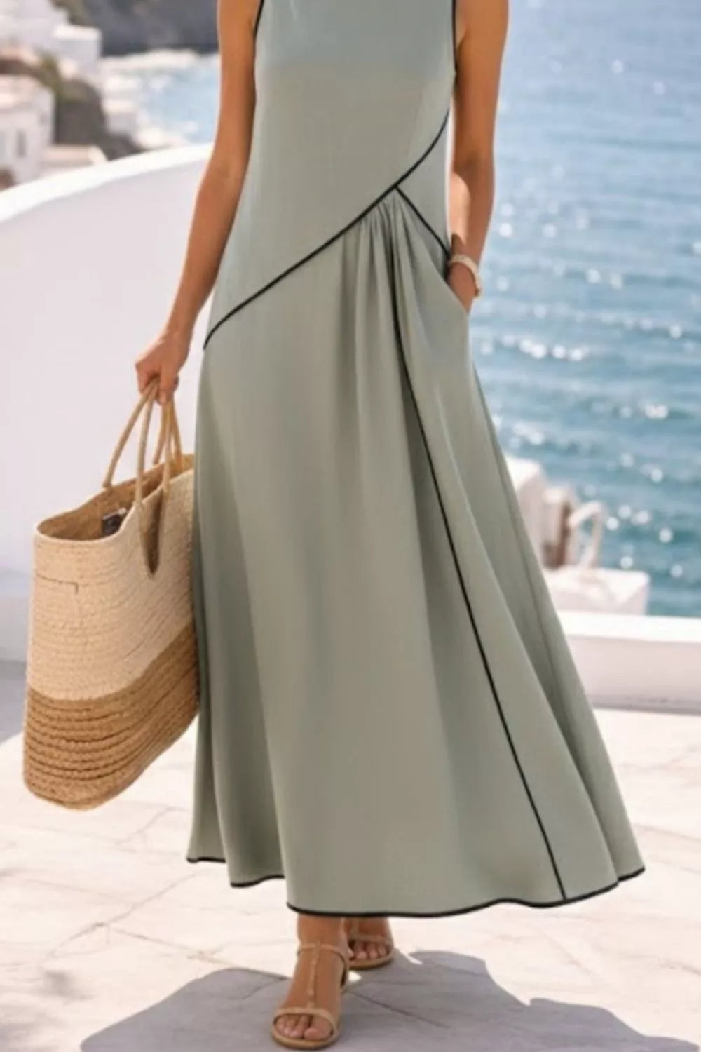 Sleeveless Maxi Dress with Contrast Trim and Pockets