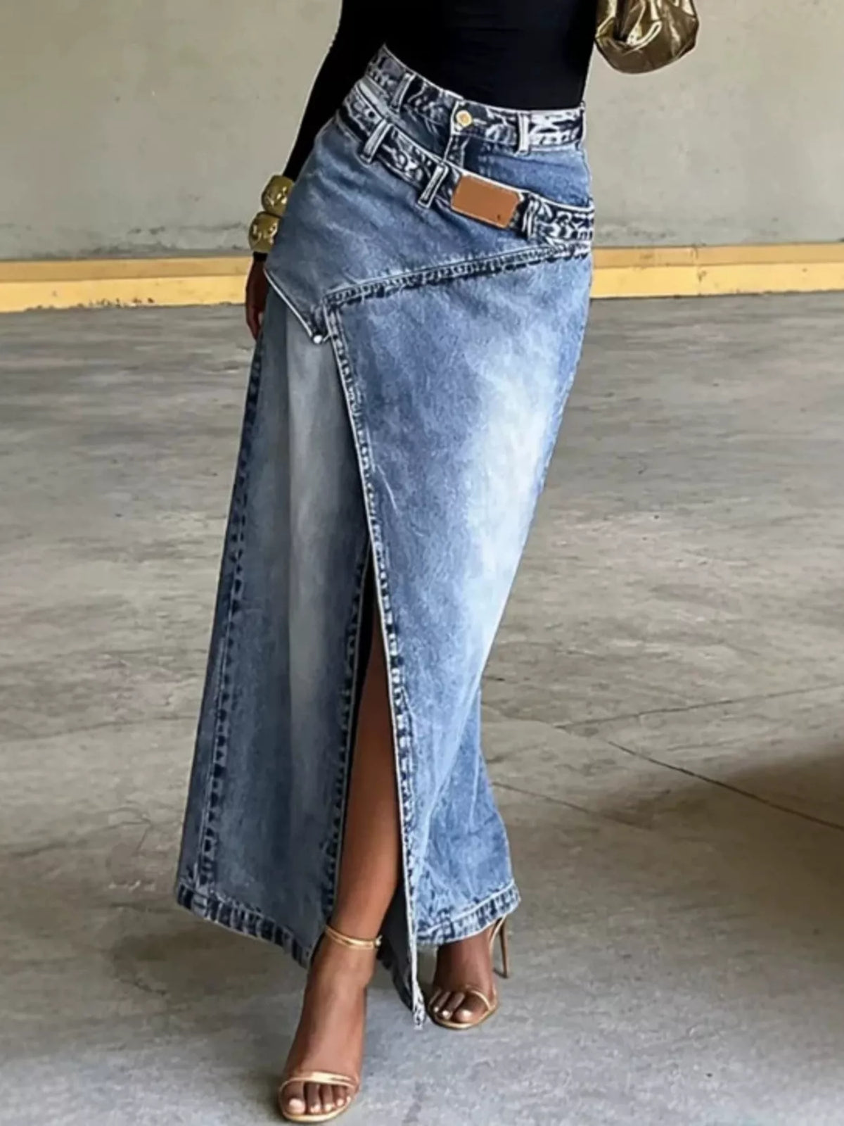 High-Waisted Asymmetric Slit Denim Maxi Skirt in Light Blue