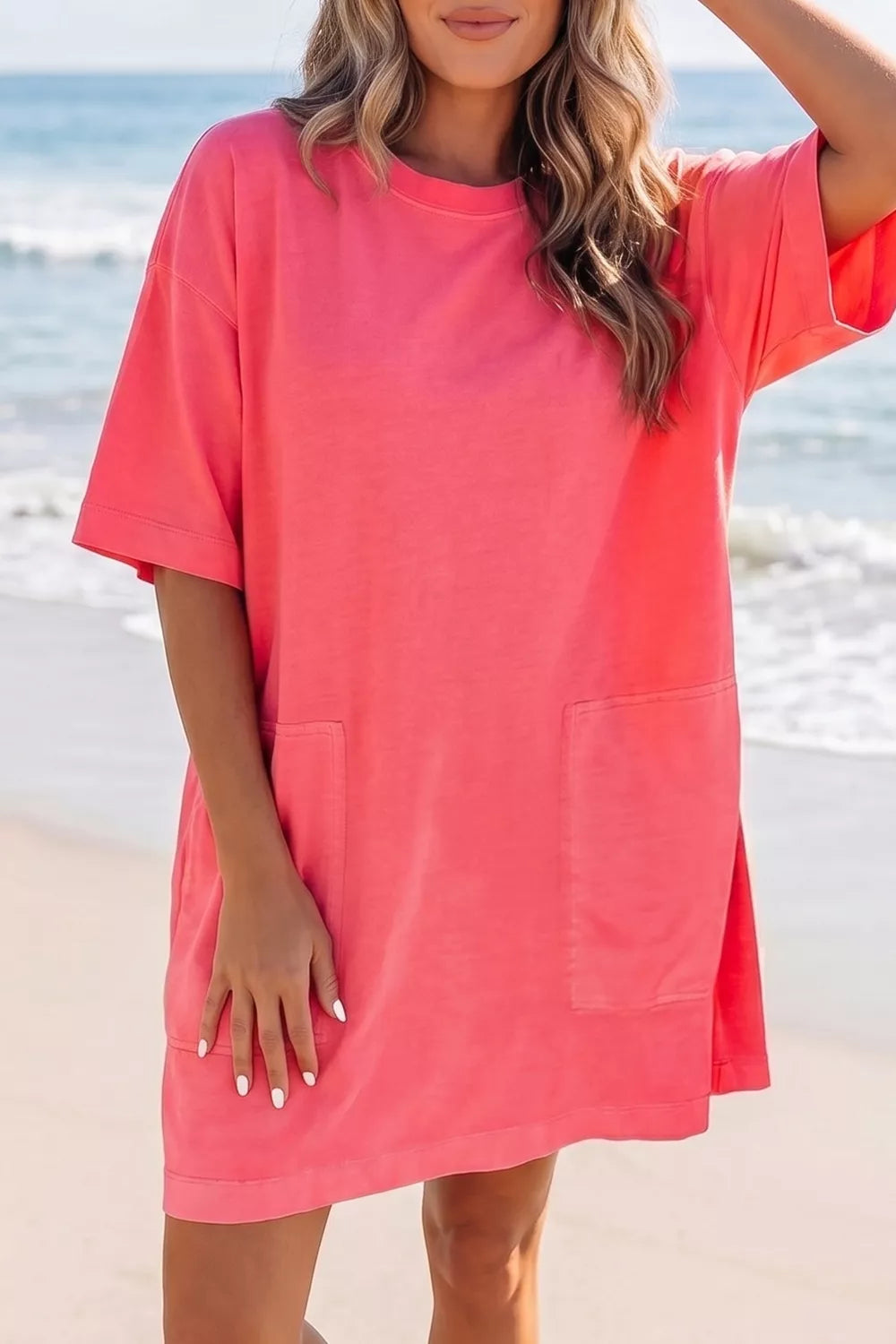 Coral Paradise Drop-Shoulder T-Shirt Dress in Strawberry