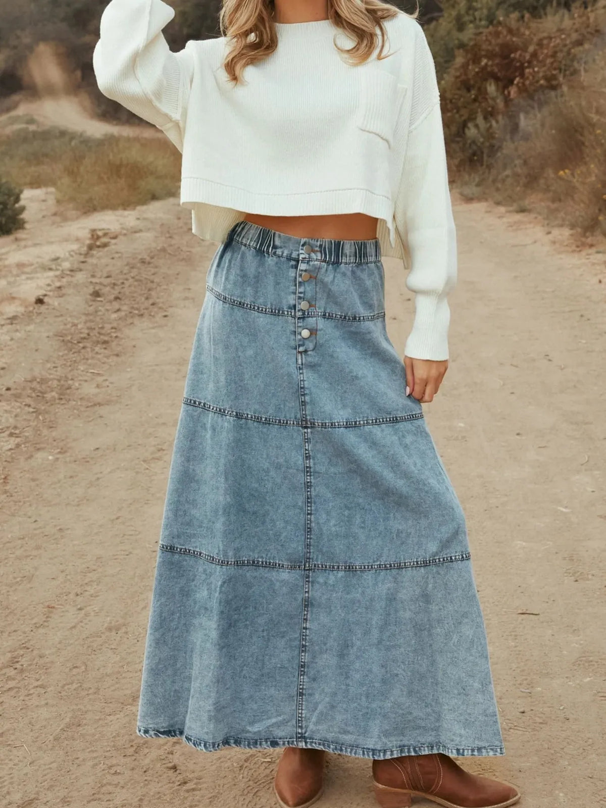 Button-Front Tiered Maxi Denim Skirt in Snow in Snow Color