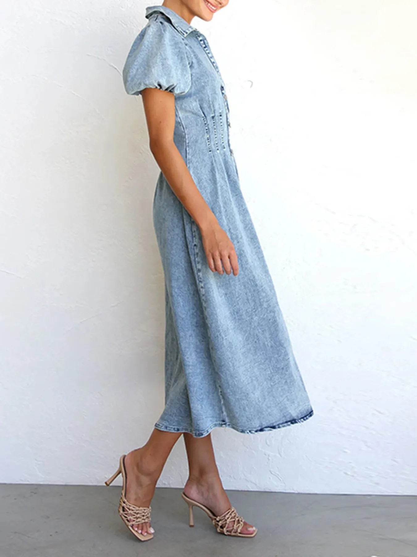 Puff Sleeve Button-Front Denim Midi Dress in Blue