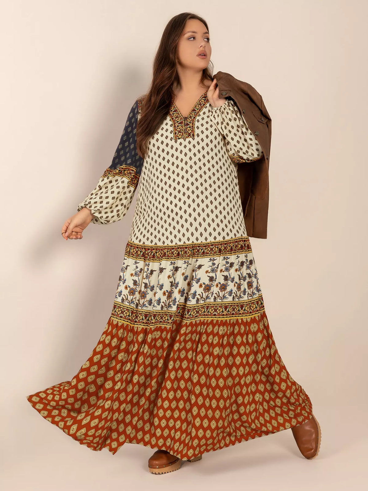 Notched Balloon-Sleeve Maxi Dress in Caramel