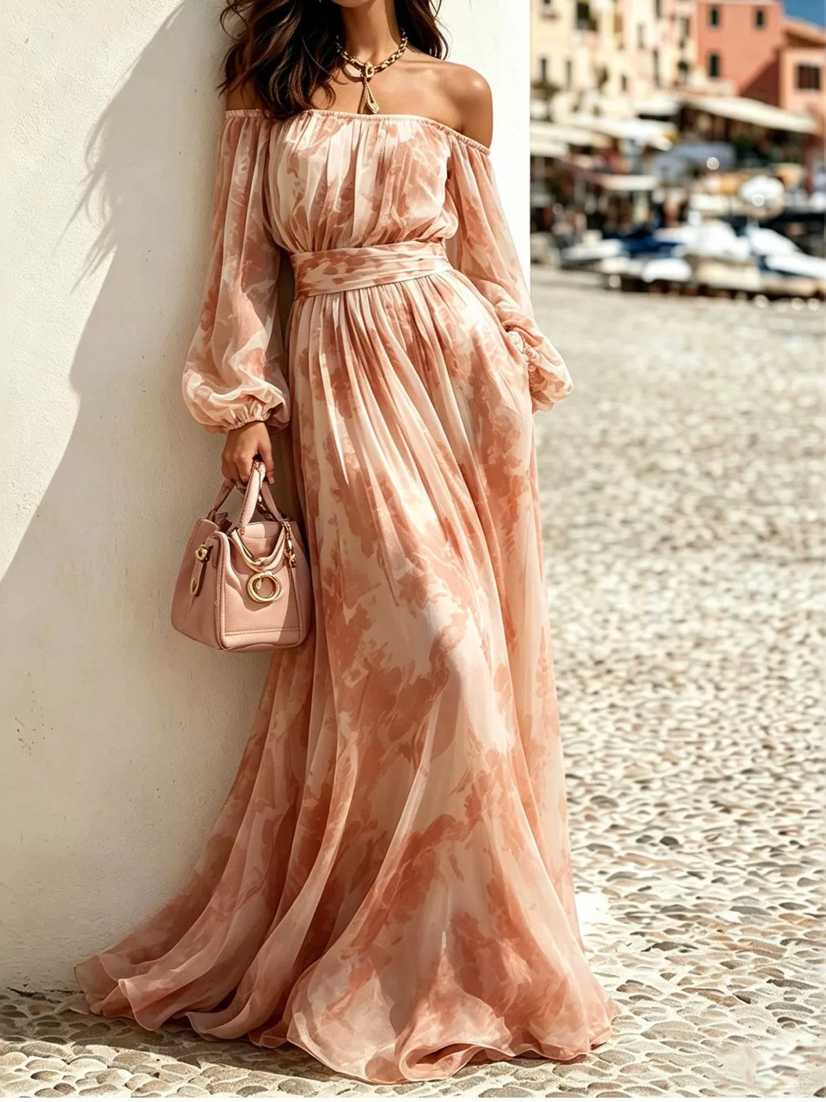 Off-Shoulder Balloon Sleeve Maxi Dress