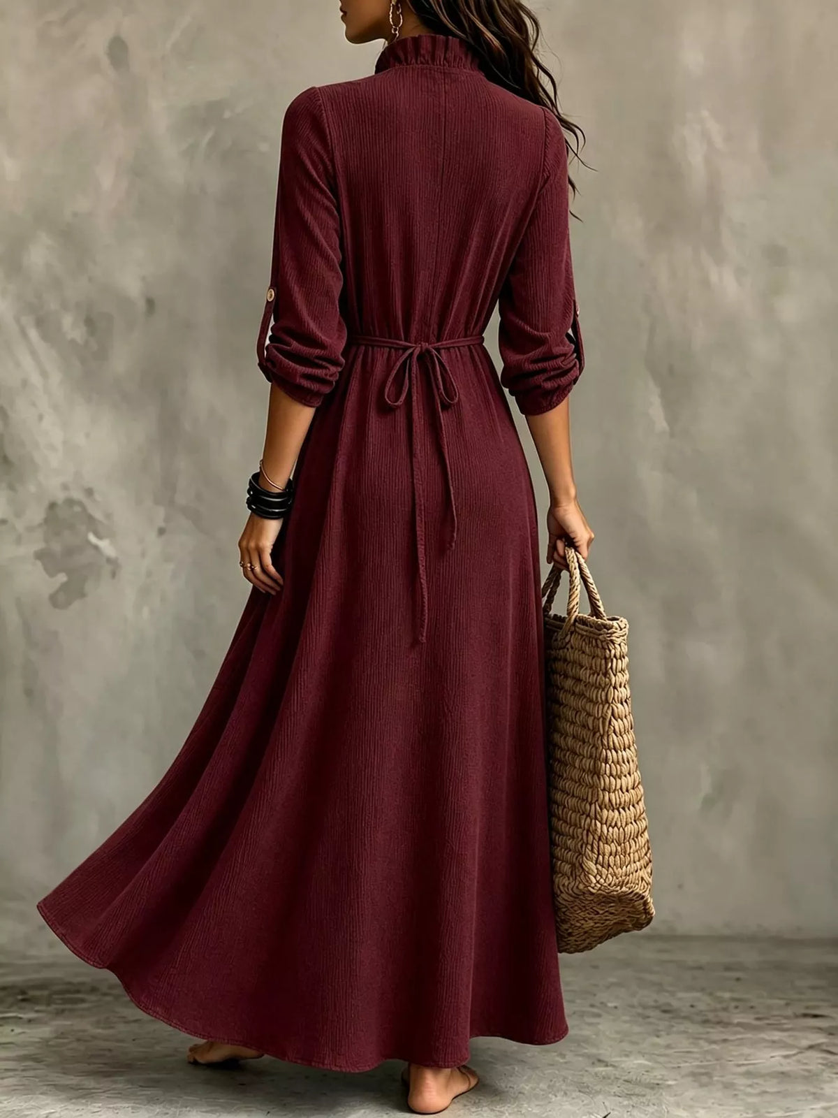 Frill Roll-Up Sleeve Maxi Dress