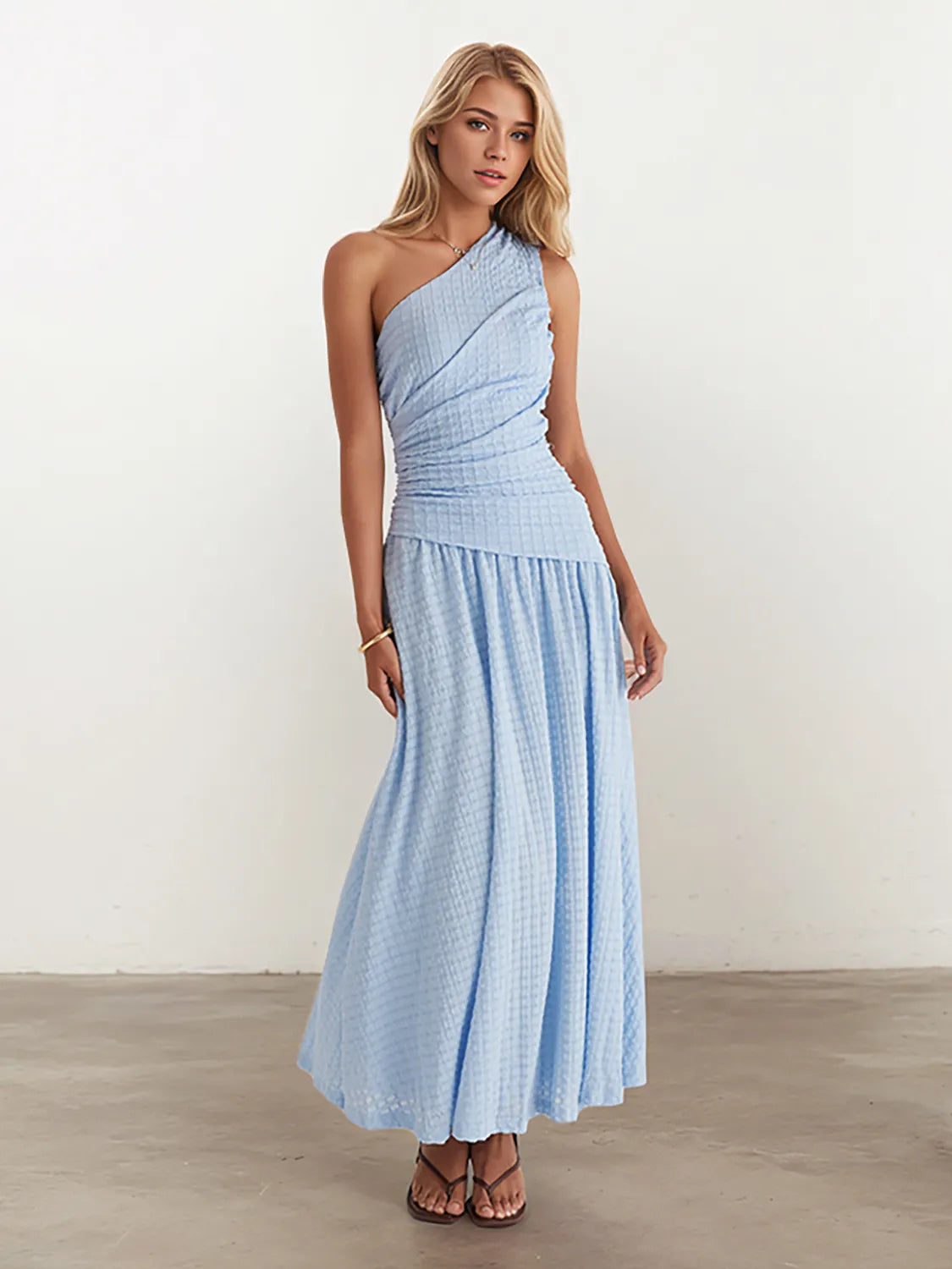 Textured Single Shoulder Dress in Light Blue