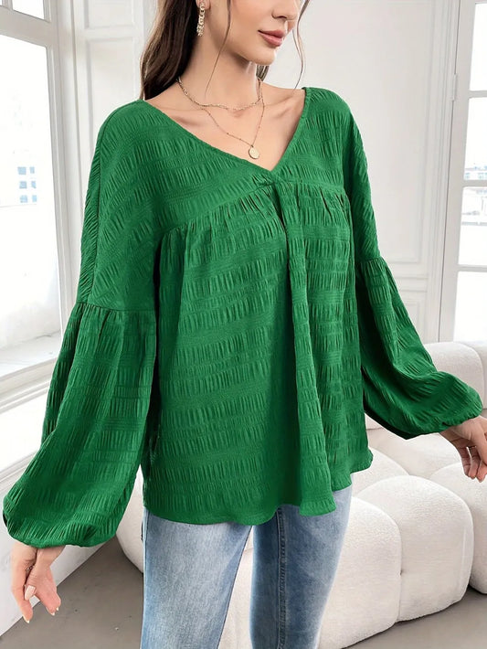 Textured V-Neck Long Sleeve Top in Dark Green