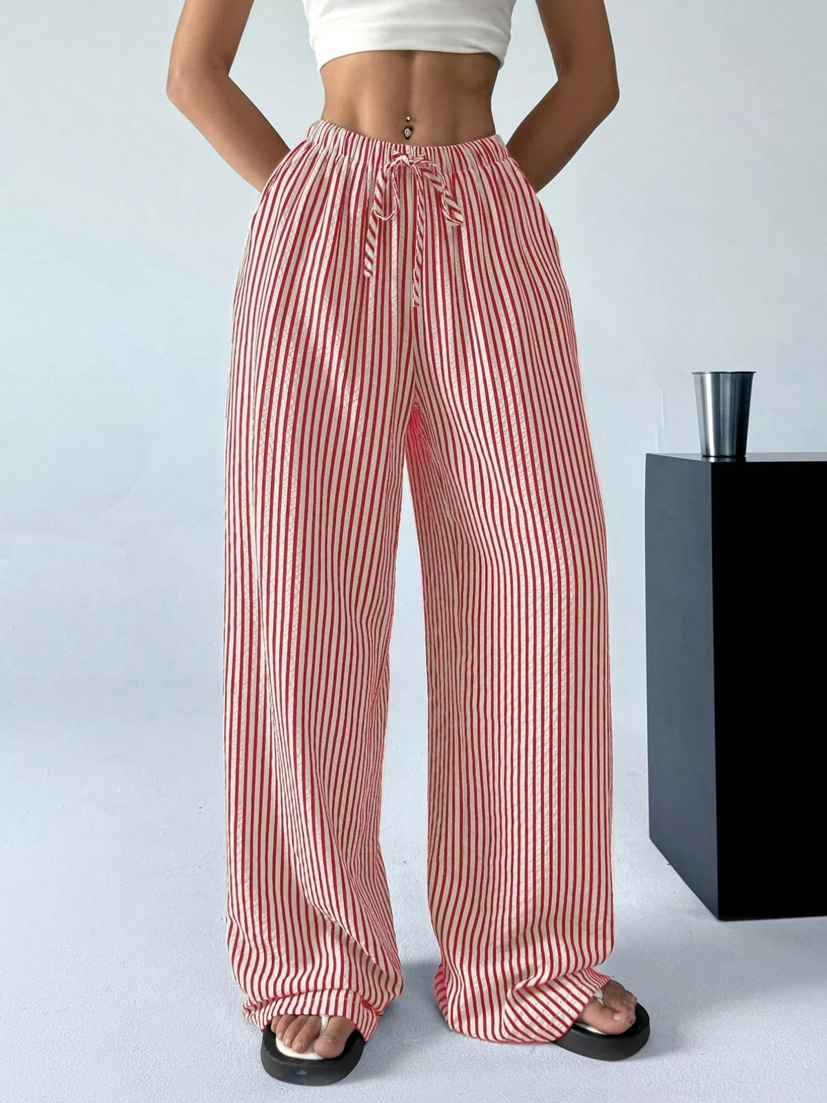 Plus-Size Striped Drawstring Wide-Leg Pants