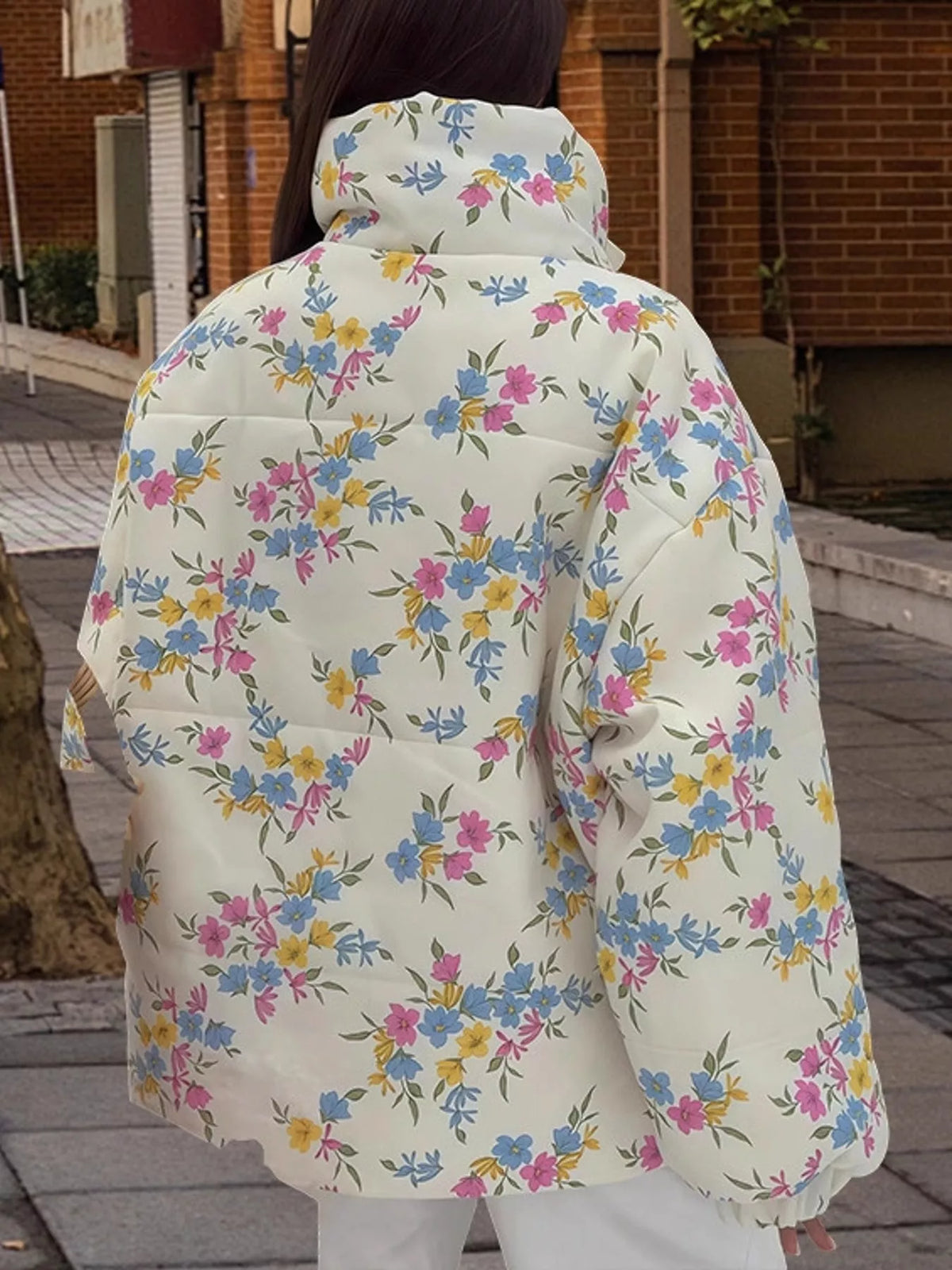 Floral Print Oversized Puffer Jacket in White