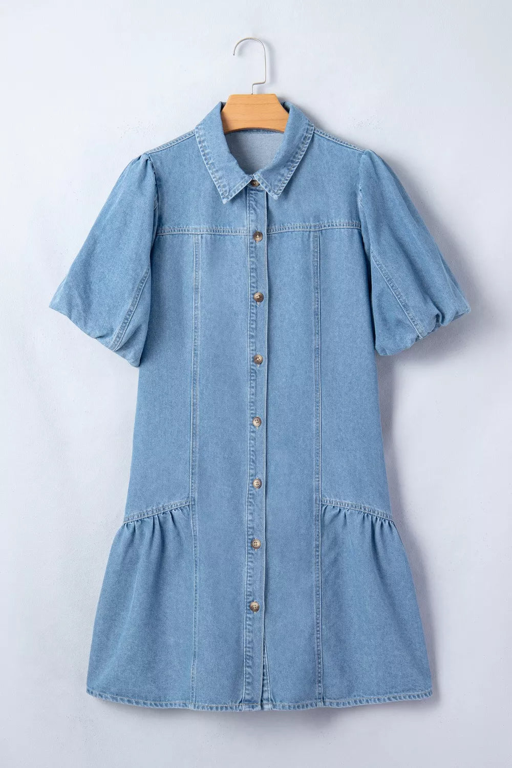 Puff Sleeve Ruffle Hem Denim Shirt Dress in Light Blue