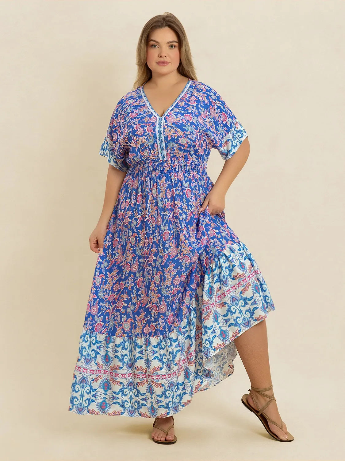 Smocked Printed Midi Dress in Blue Purple