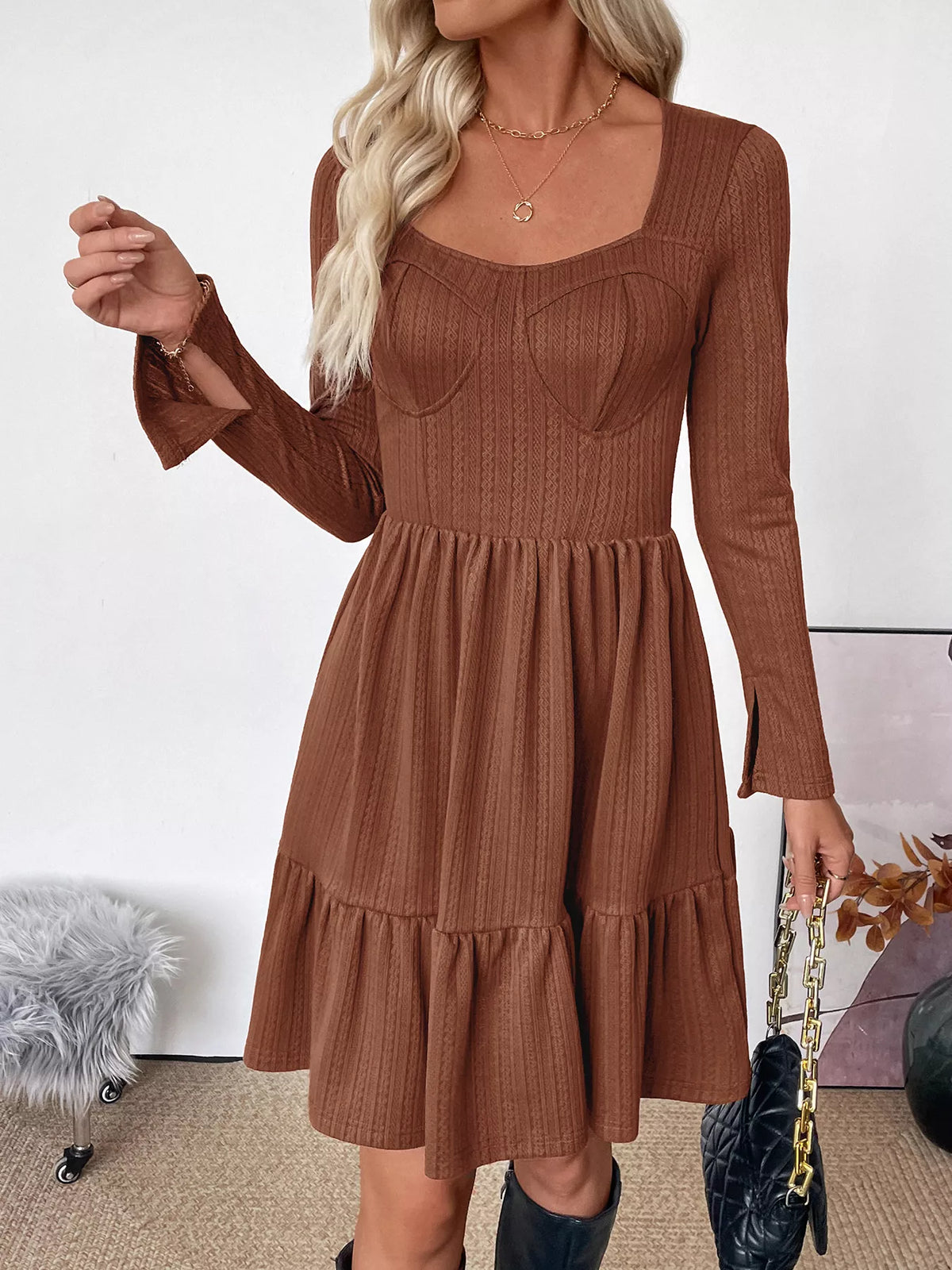 Ruffled Hem Long Sleeve Knit Dress in Coffee Brown