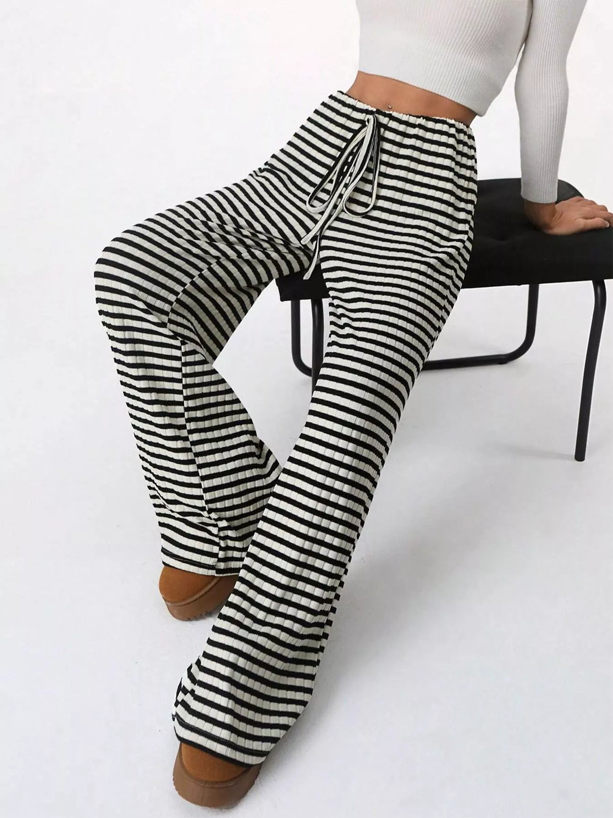 Ribbed Knit Drawstring Wide-Leg Pants