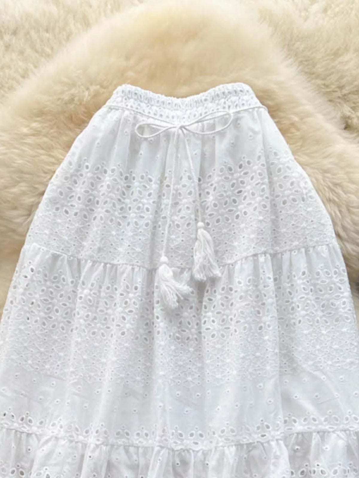 Eyelet Cutout Tiered Maxi Skirt