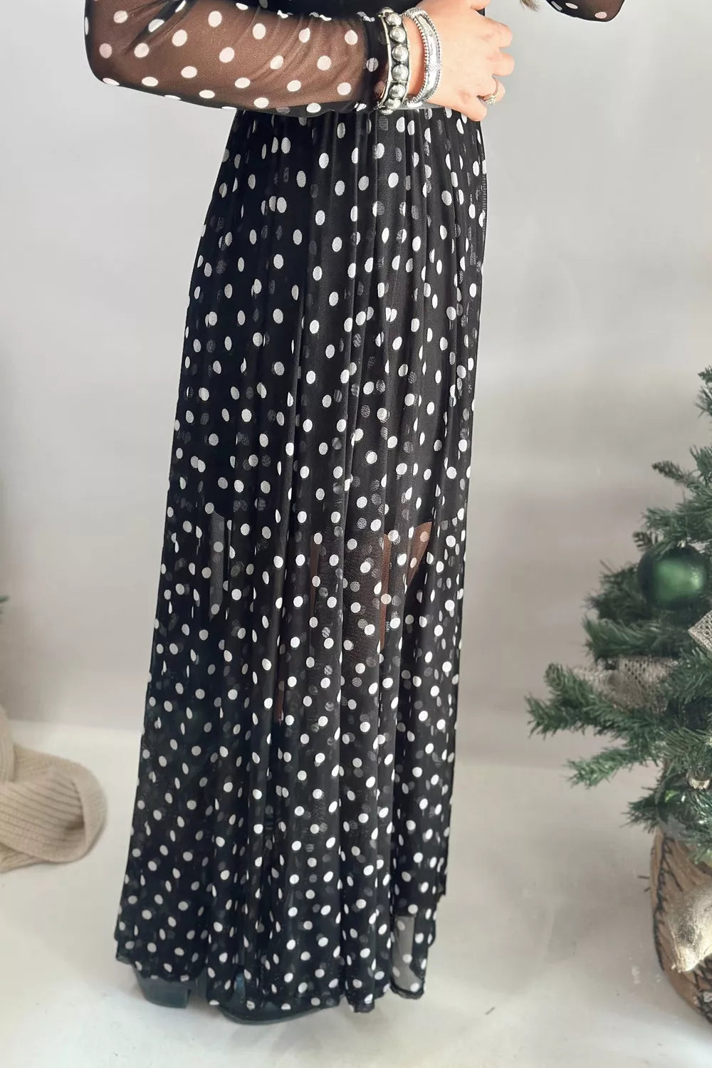 Polka Dot Sheer Mesh Maxi Dress in Black