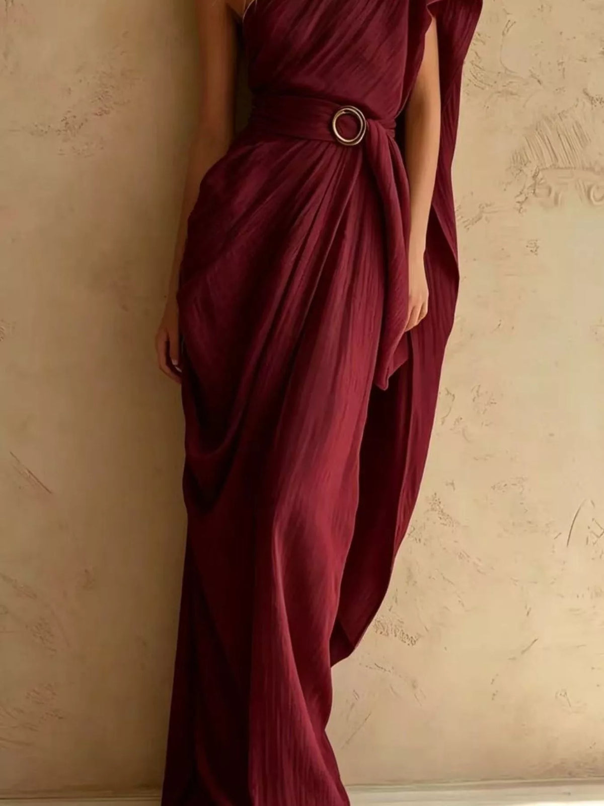 One-Shoulder Draped Maxi Dress with Waist Buckle