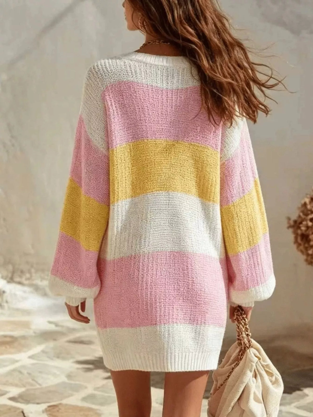 Color Block V-Neck Sweater Dress in Pink
