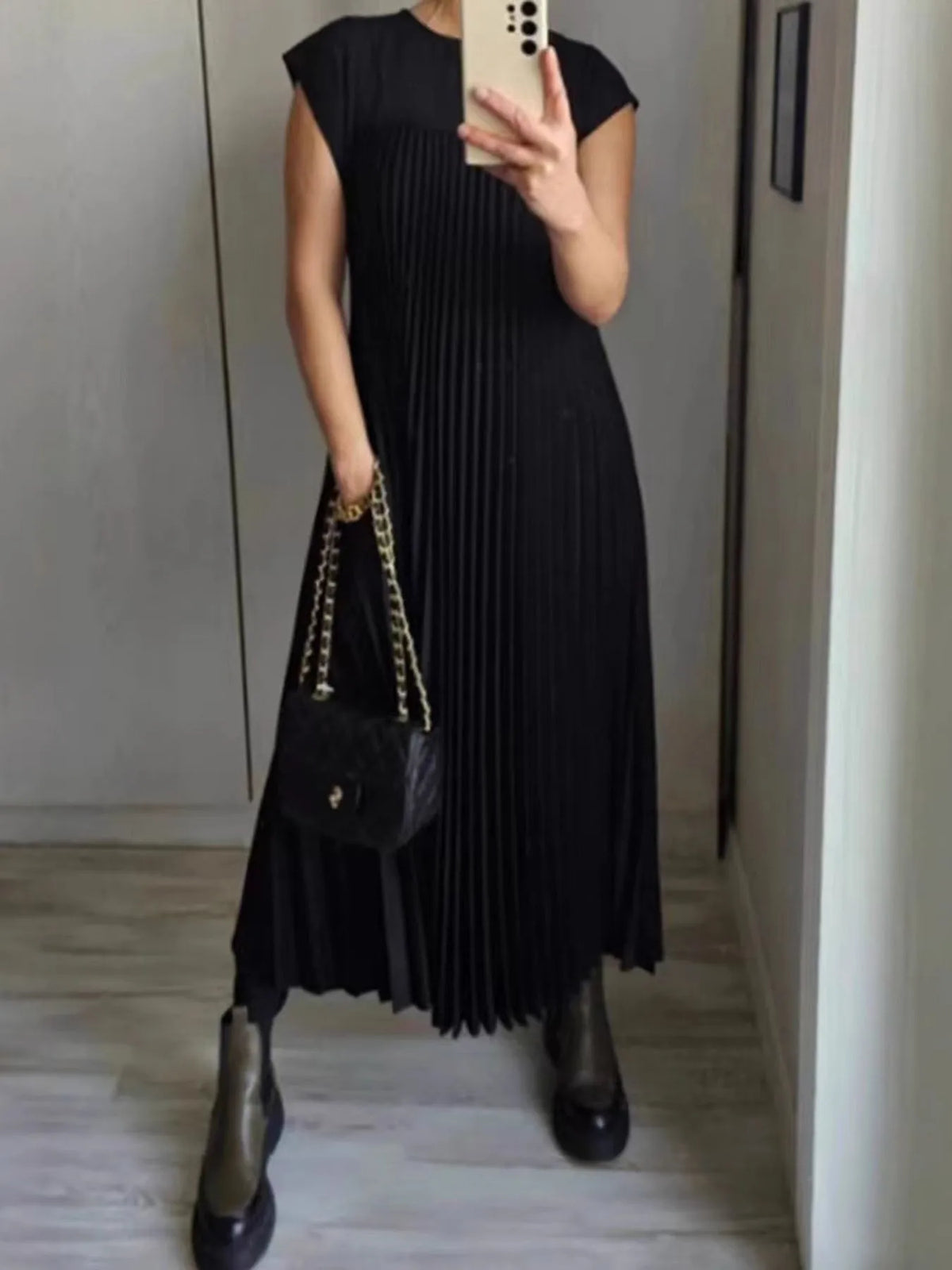 Pleated Round-Neck Maxi Dress with Pockets, Plus Size by Rosaline