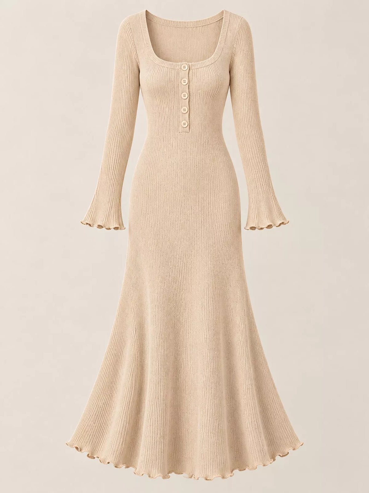 Button-Front Ribbed Knit Maxi Dress