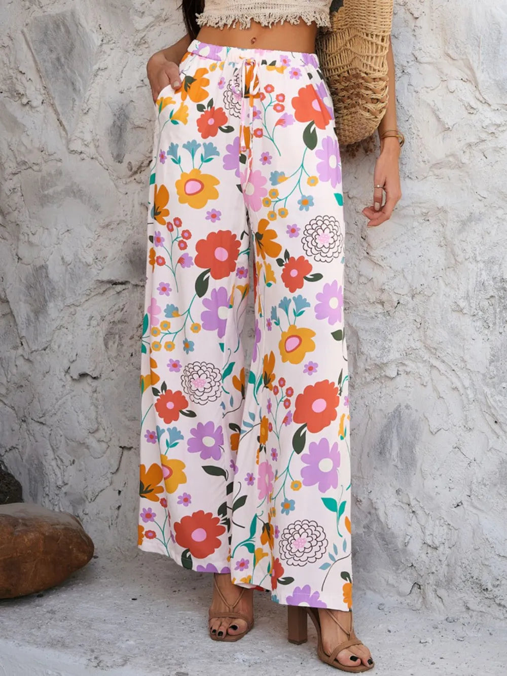 Drawstring Printed Wide Leg Pants