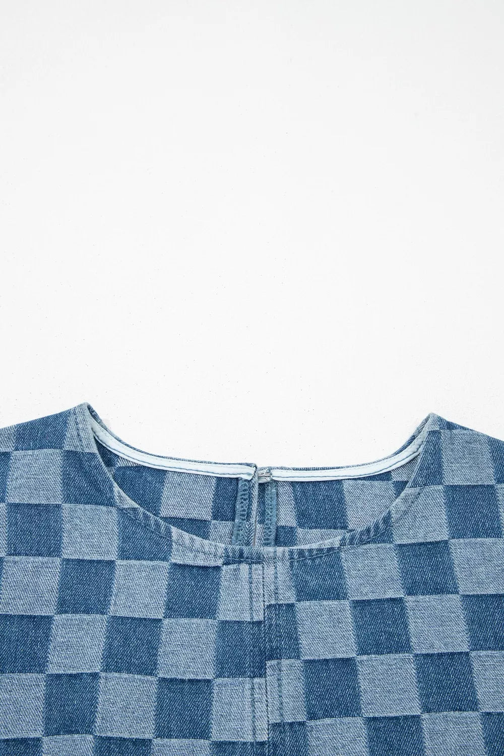 Frayed Hem Checkered Denim Mini Dress in Medium