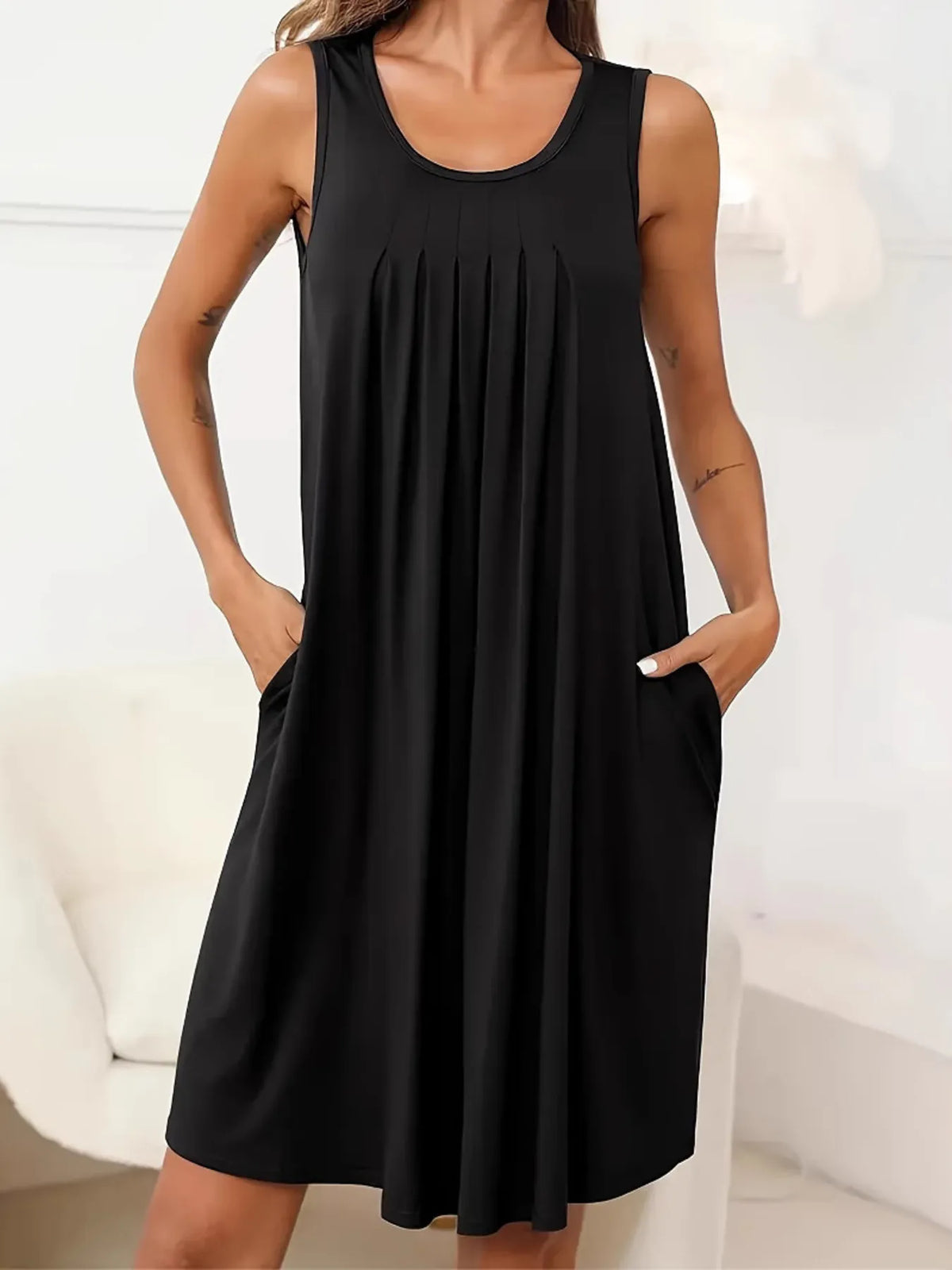 Pleated Tank Dress with Pockets in Army Green