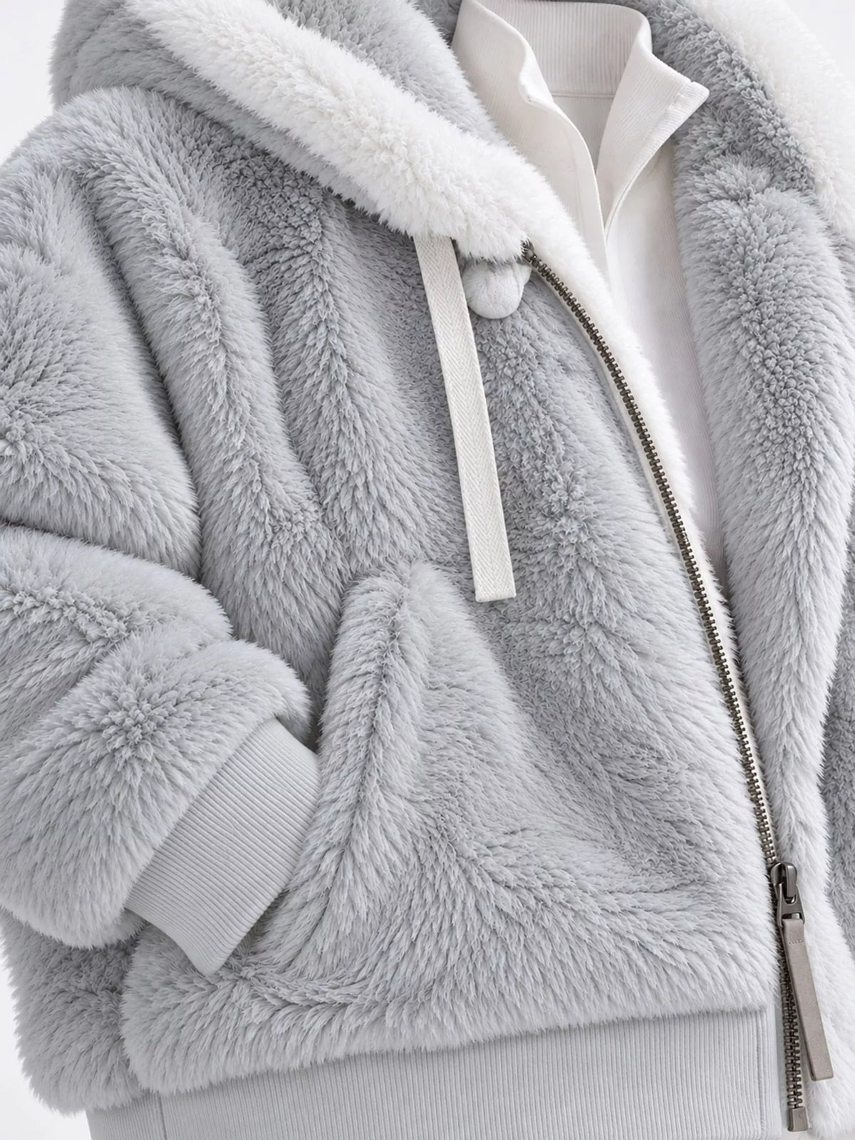 Faux Fur Hooded Zip-Up Jacket in White