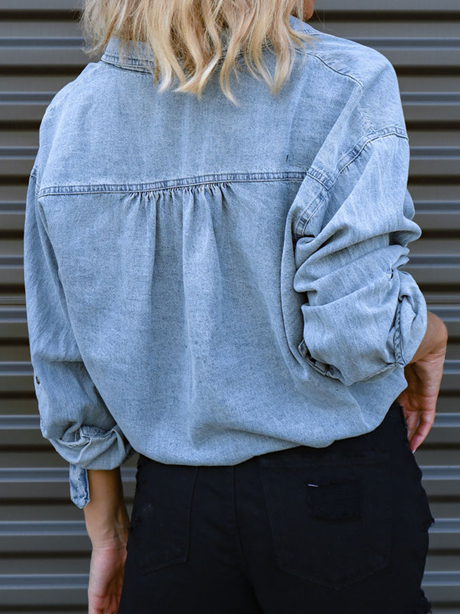 Tie Detail Button-Up Denim Top by Y.Y@Denim