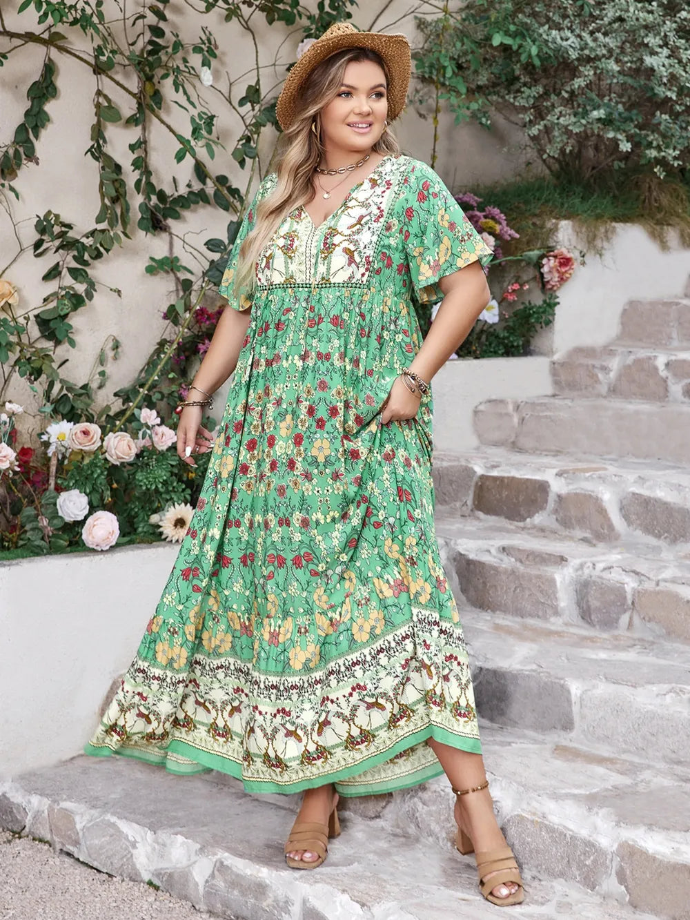 Floral Tie Neck Flutter Sleeve Maxi Dress in Gum Leaf