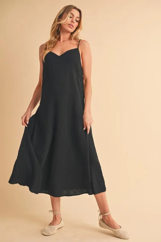 Side Button Midi Cami Dress in Black