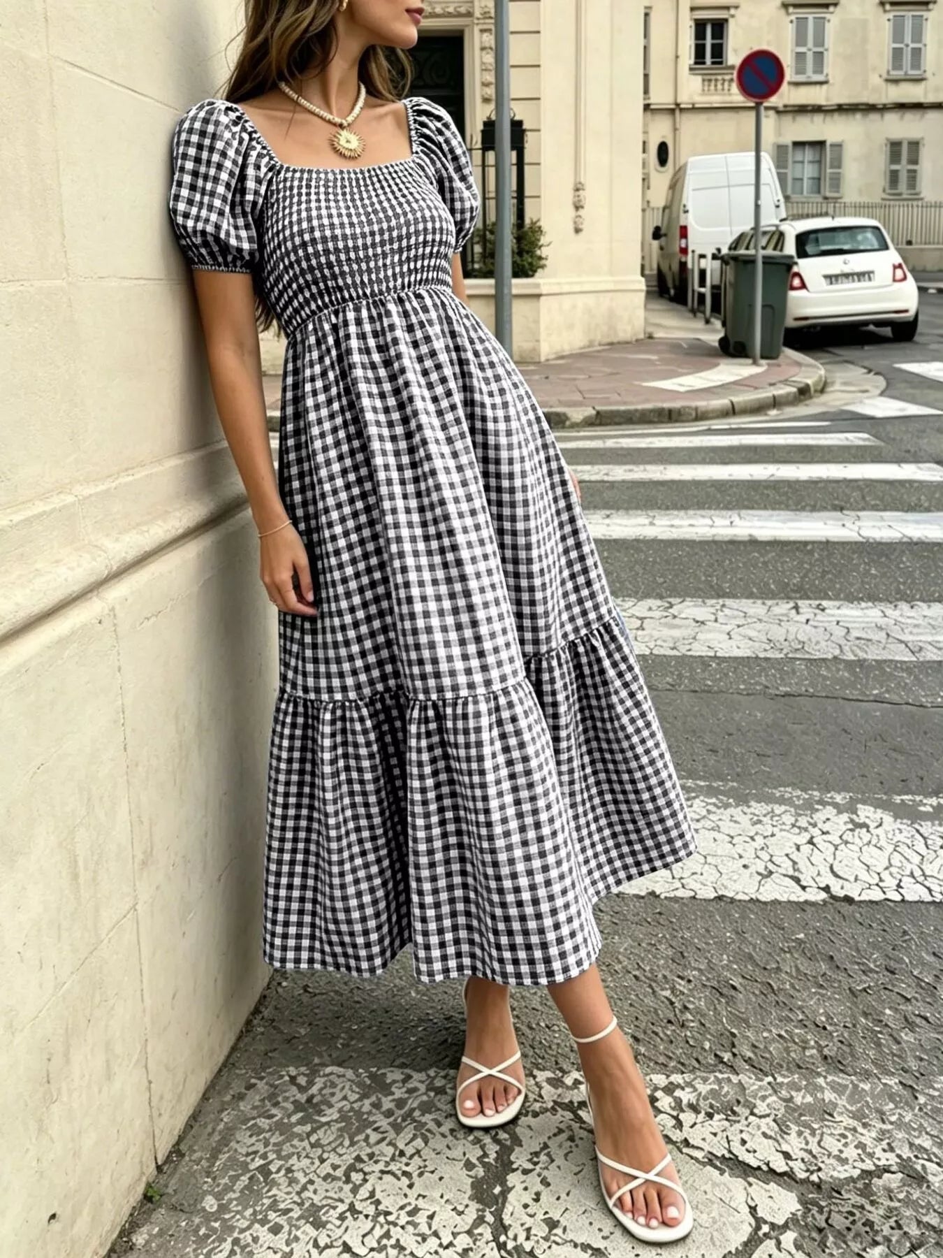 Gingham Smocked Puff Sleeve Midi Dress